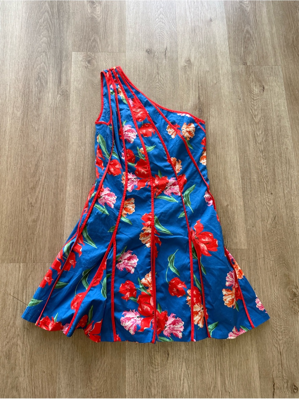 hutch blue red floral print one shoulder flared A-line mini sun dress small NEW